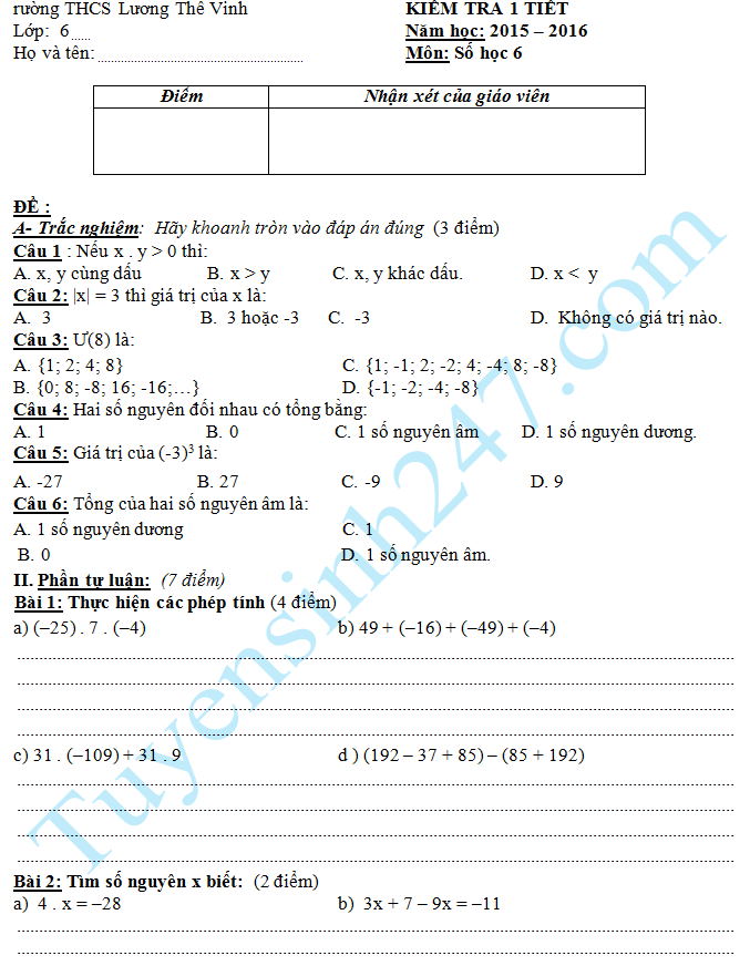 Đề kiểm tra 1 tiết HK2 môn Toán lớp 6 Đại Số 2015 – THCS Lương Thế Vinh