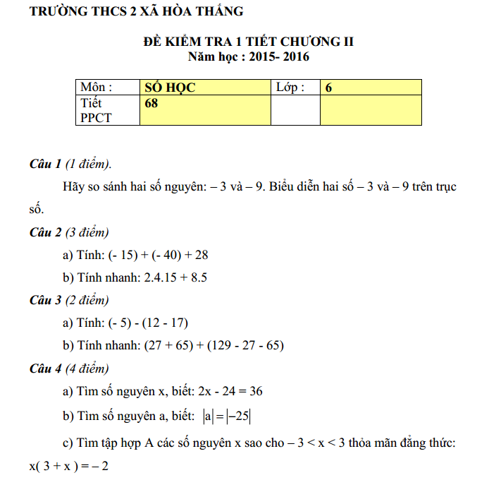 Đề kiểm tra 1 tiết Chương 2 Đại số lớp 6  – THCS 2 Xã Hòa Thắng năm 2015