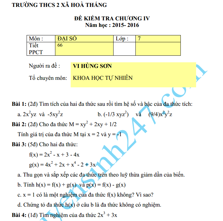 Đề kiểm tra 1 tiết lớp 7 môn Toán Đại số Chương 4 – THCS Hòa Thắng 2015 