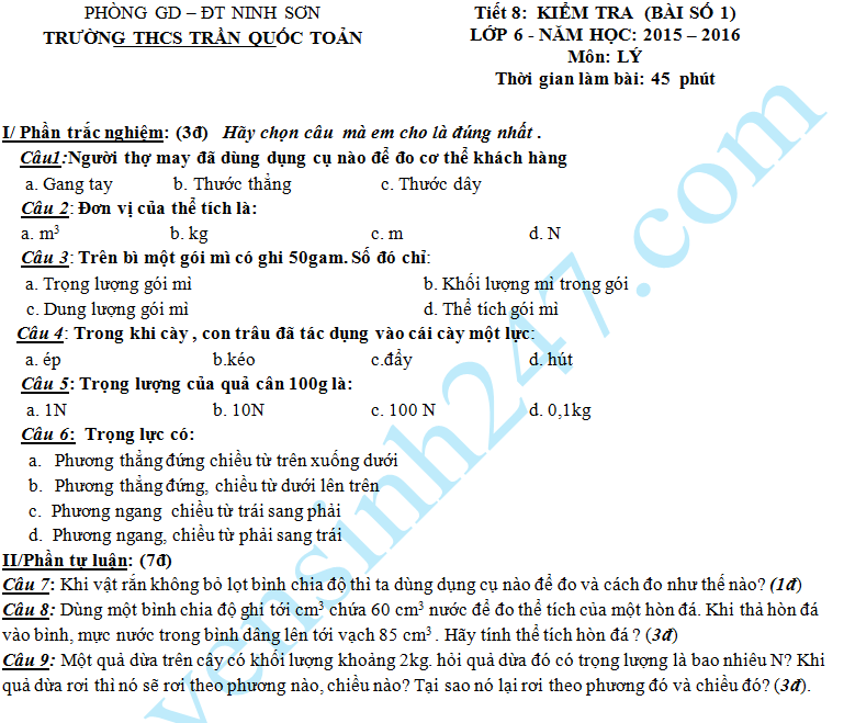 Đề kiểm tra 1 tiết HK2 môn Lý lớp 6 – THCS Trần Quốc Toản năm 2016