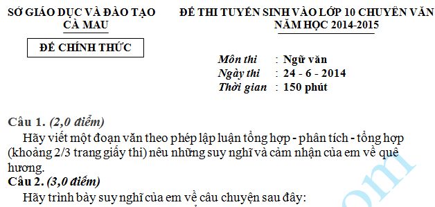 Đề thi tuyển sinh vào lớp 10 môn Ngữ Văn Sở GD & ĐT Cà Mau 2014