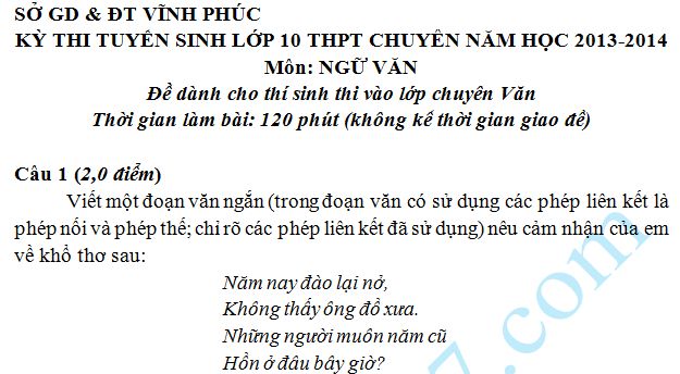 Đề thi tuyển sinh vào lớp 10 môn Ngữ Văn Sở GD & ĐT Vĩnh Phúc 2013