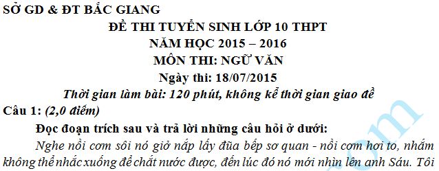 Đề thi tuyển sinh vào lớp 10 môn Ngữ Văn Sở GD & ĐT Bắc Giang 2015