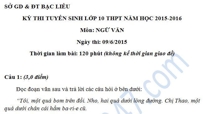 Đề thi tuyển sinh vào lớp 10 môn Ngữ Văn Sở GD & ĐT Bạc Liêu 2015