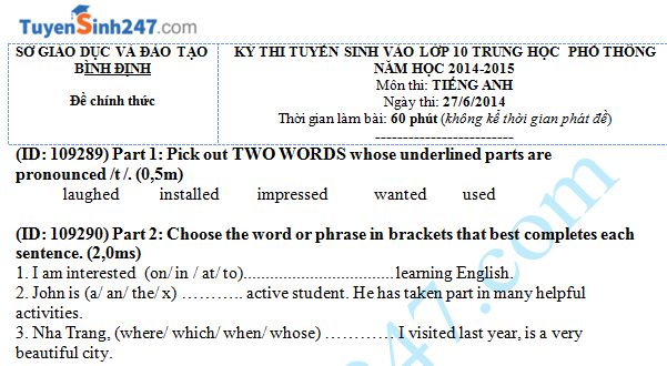 Đề thi tuyển sinh vào 10 THPT môn Tiếng Anh Sở GD & ĐT Bình Định 2014