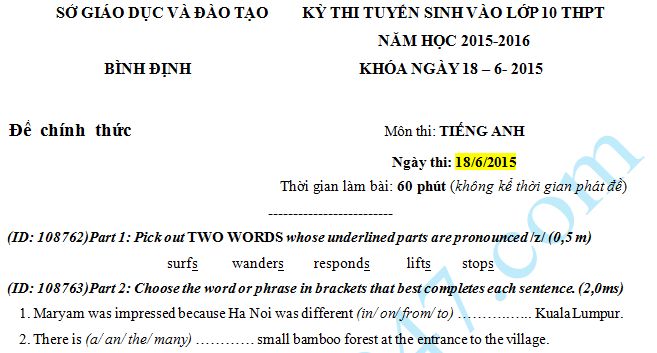 Đề thi tuyển sinh vào lớp 10 THPT môn Tiếng Anh Sở GD & ĐT Bình Định 2015