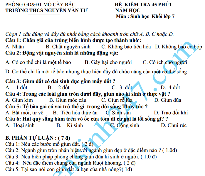 Đề kiểm tra 1 tiết HK2 lớp 7 môn Sinh năm 2015 – THCS Nguyễn Văn Tư