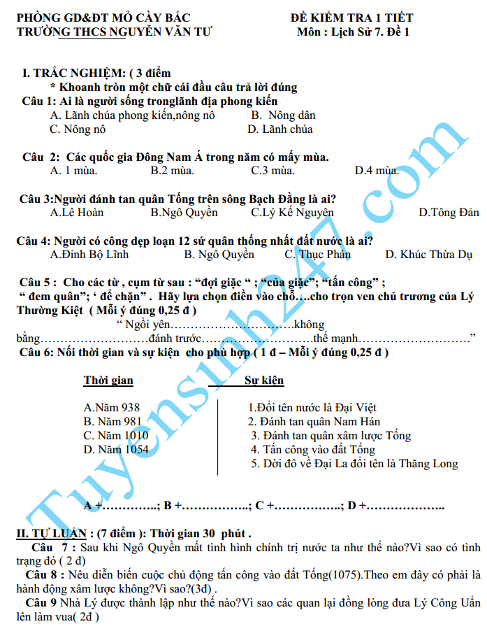 Đề kiểm tra 1 tiết HK2 môn Sử lớp 7 năm 2015 – THCS Nguyễn Văn Tư