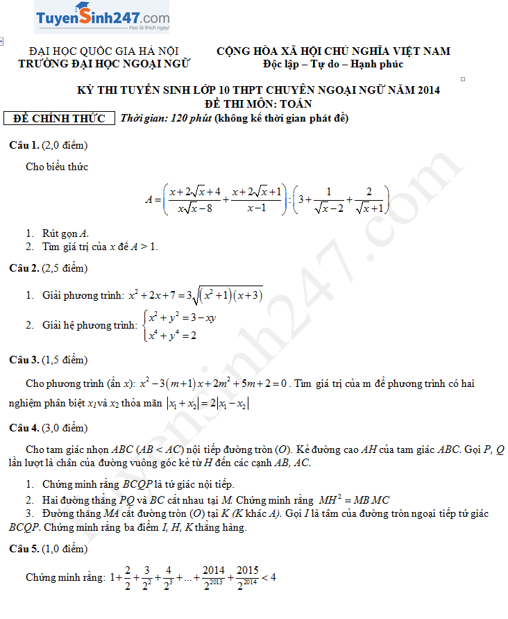 Đề thi vào lớp 10 môn Toán THPT Chuyên Ngoại ngữ năm 2014 - 2015