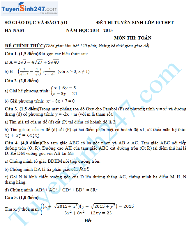 Đề thi vào lớp 10 môn Toán Hà Nam năm 2014