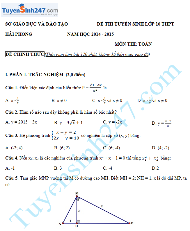 Đề thi vào lớp 10 môn Toán Hải Phòng năm 2014