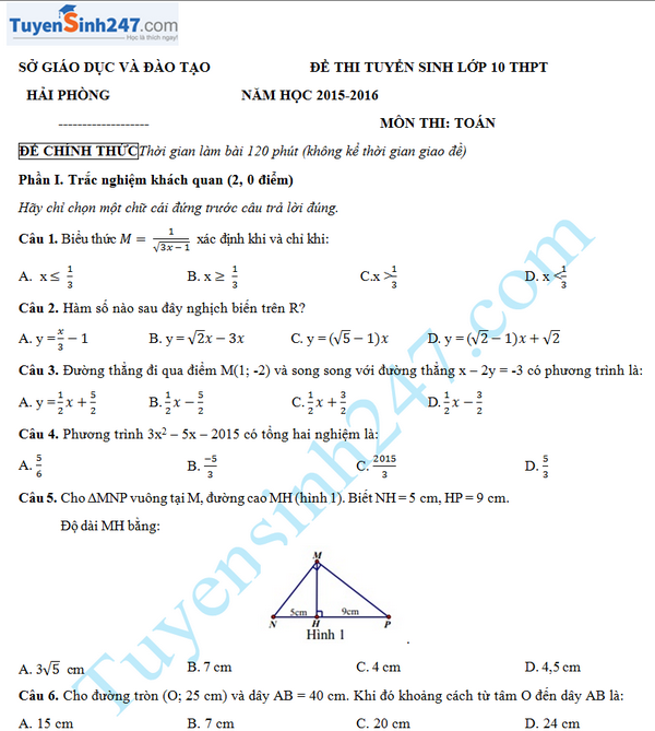 Đề thi vào lớp 10 môn Toán tỉnh Hải Phòng năm 2015