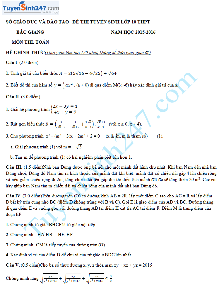 Đề thi tuyển sinh vào lớp 10 môn Toán 2015 tỉnh Bắc Giang