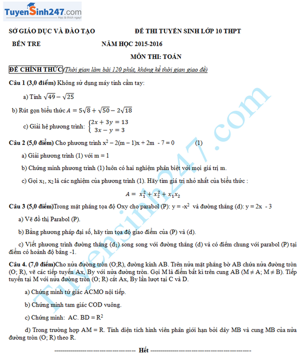 Đề thi vào lớp 10 môn Toán tỉnh Bến Tre năm 2015