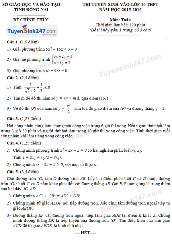 Đề thi tuyển sinh vào lớp 10 môn Toán tỉnh Đồng Nai 2015