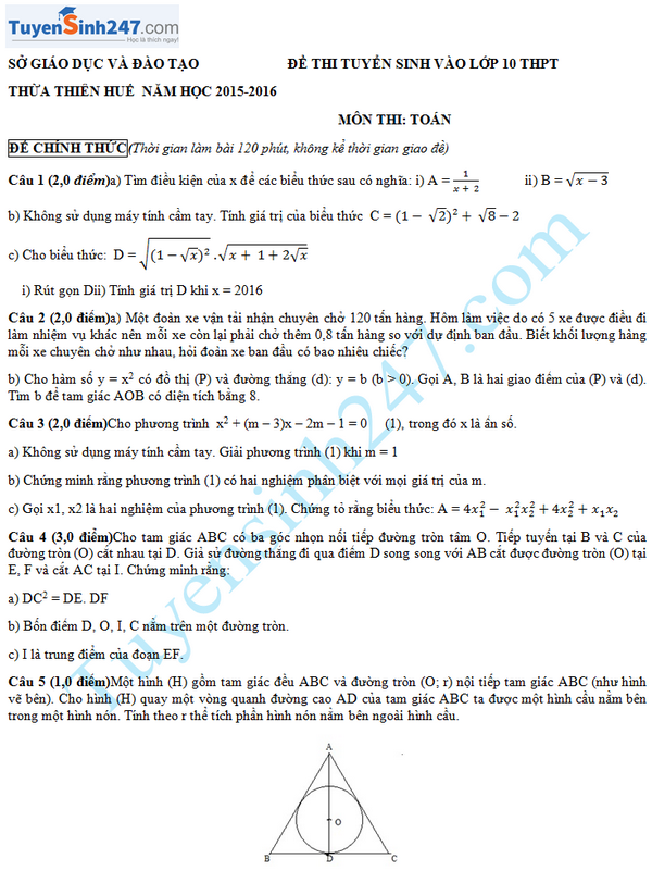 Đề thi vào lớp 10 môn Toán Thừa Thiên Huế 2015