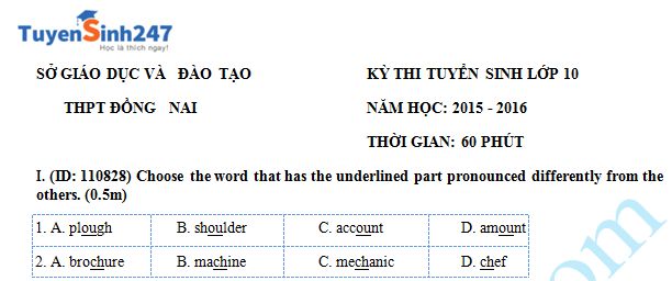 Đề thi vào lớp 10 môn Tiếng Anh năm 2015 Sở GD & ĐT Đồng Nai