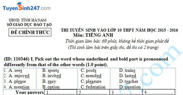 Đề thi vào lớp 10 môn Tiếng Anh năm 2015 Sở GD & ĐT Hà Nam