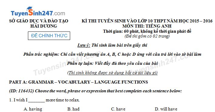 Đề thi vào lớp 10 môn Tiếng Anh năm 2015 Sở GD & ĐT Hải Dương