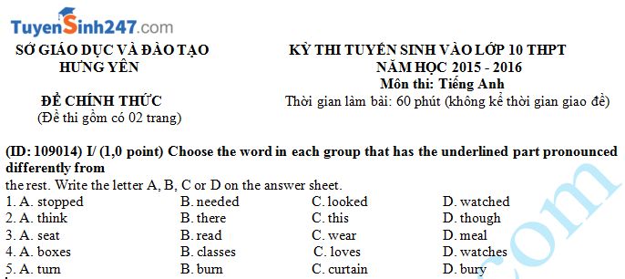 Đề thi vào lớp 10 môn Tiếng Anh của Sở GD & ĐT Hưng Yên năm 2015