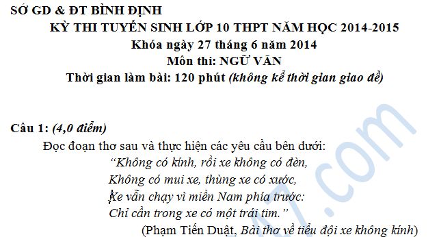 Đề thi vào lớp 10 môn Ngữ Văn của Sở GD & ĐT Bình Định năm 2014
