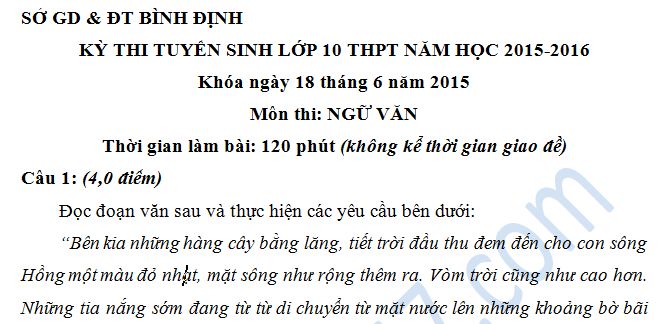 Đề thi vào lớp 10 môn Ngữ Văn của Sở GD & ĐT Bình Định năm 2015