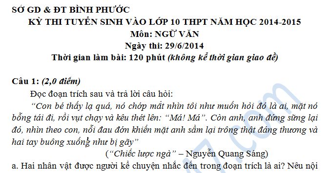 Đề thi vào lớp 10 môn Ngữ Văn Sở GD & ĐT Bình Phước năm 2014