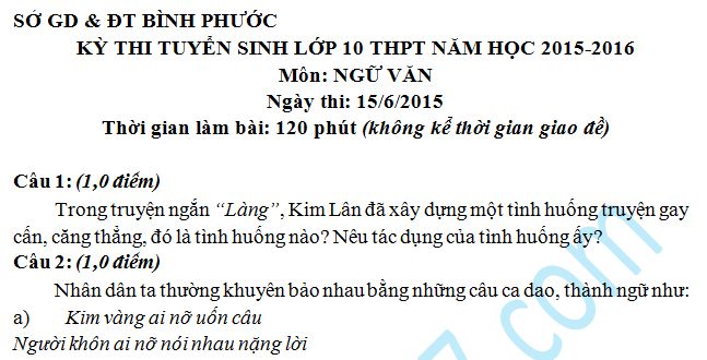 Đề thi vào lớp 10 môn Ngữ Văn năm 2015 của Sở GD & ĐT Bình Phước