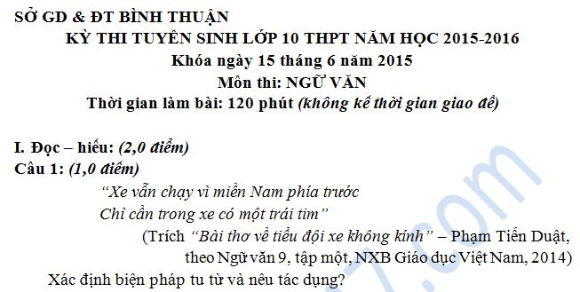 Đề thi tuyển sinh lớp 10 môn Ngữ Văn của Sở GD & ĐT Bình Thuận 2015