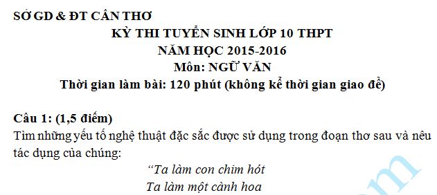 Đề thi vào lớp 10 môn Ngữ Văn của Sở GD & ĐT Cần Thơ năm 2015