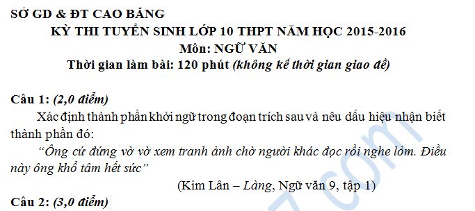 Đề thi vào lớp 10 môn Ngữ Văn của Sở GD & ĐT Cao Bằng năm 2015