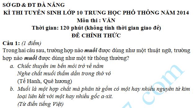 Đề thi vào lớp 10 môn Văn của Sở GD & ĐT Đà Nẵng năm 2014