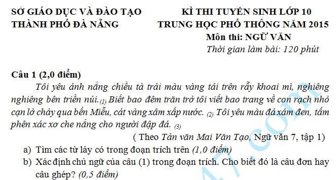 Đề thi vào lớp 10 môn Văn năm 2015 - Đà Nẵng