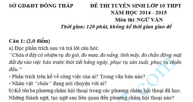 Đề thi vào lớp 10 môn Văn năm 2014 - Đồng Tháp