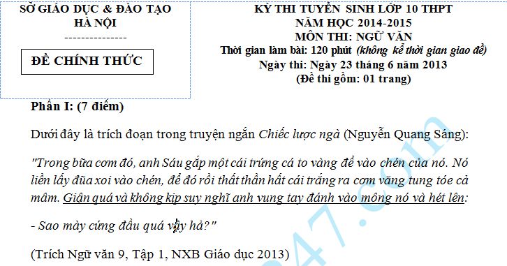 Đề thi vào lớp 10 môn Văn năm 2014 - Sở GD & ĐT Hà Nội