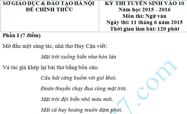 Đề thi vào lớp 10 môn Văn năm 2015 - Sở GD & ĐT Hà Nội