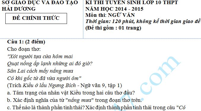 Đề thi vào lớp 10 môn Văn năm 2014 -  Hải Dương