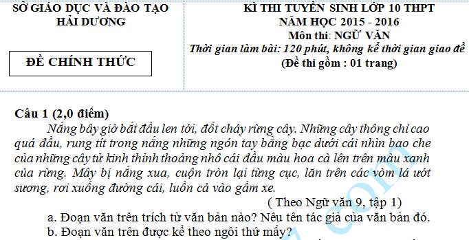 Đề thi vào lớp 10 môn Văn năm 2015 -  Hải Dương