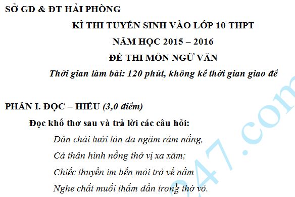 Đề thi vào lớp 10 môn Văn năm 2015 -  Hải Phòng