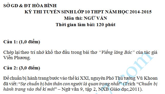 Đề thi vào lớp 10 môn Văn năm 2014 -  Hòa Bình