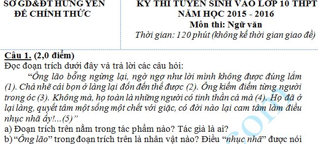 Đề thi vào lớp 10 môn Văn năm 2015 -  Hưng Yên
