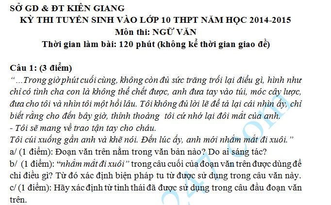 Đề thi vào lớp 10 môn Văn năm 2014 -  Kiên Giang