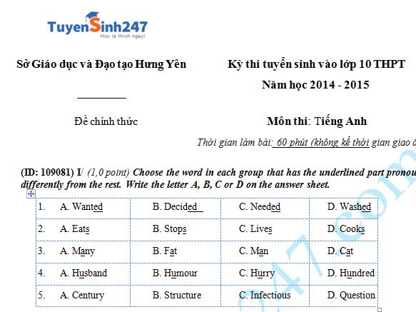 Đề thi vào lớp 10 môn Anh năm 2014 -  Hưng Yên