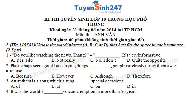 Đề thi vào lớp 10 môn Anh năm 2014 -  TPHCM