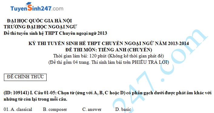 Đề thi tuyển sinh lớp 10 môn Anh THPT Chuyên ngoại ngữ 2013