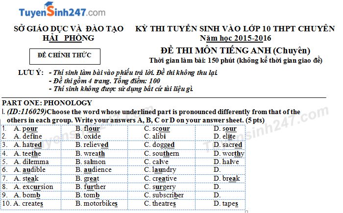 Đề thi vào lớp 10 môn Anh THPT Chuyên Hải Phòng năm 2015
