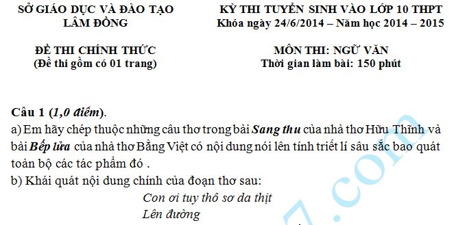 Đề thi vào lớp 10 môn Văn năm 2014 -  Lâm Đồng