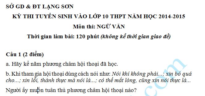 Đề thi vào lớp 10 môn Văn năm 2014 -  Lạng Sơn
