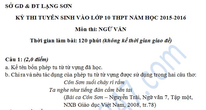Đề thi vào lớp 10 môn Văn năm 2015 -  Lạng Sơn