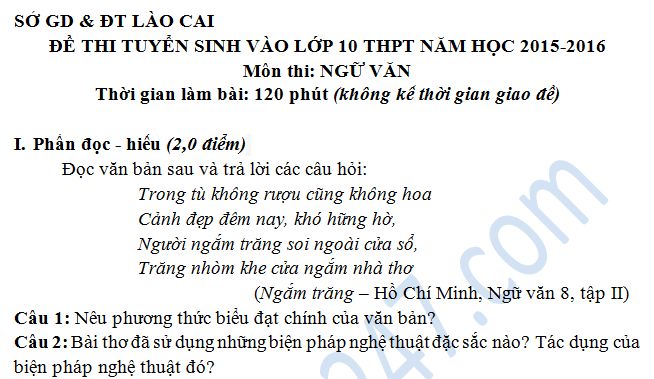 Đề thi vào lớp 10 môn Văn năm 2015 -  Lào Cai
